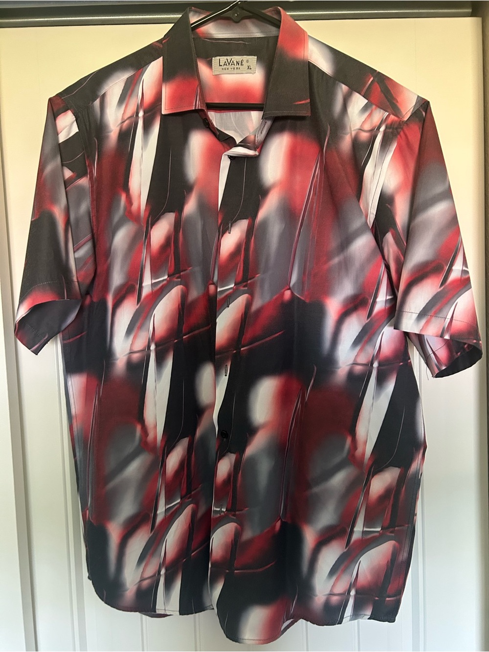 Men's Short Sleeve Button-Down Shirt - Red, Black & White Abstract Print